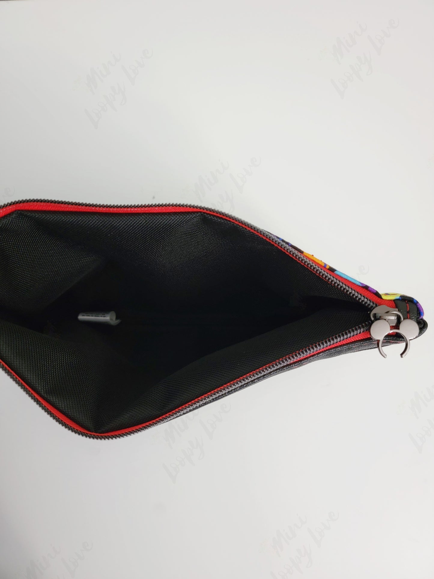 Zippy clutch- Black mouse confetti with red zipper