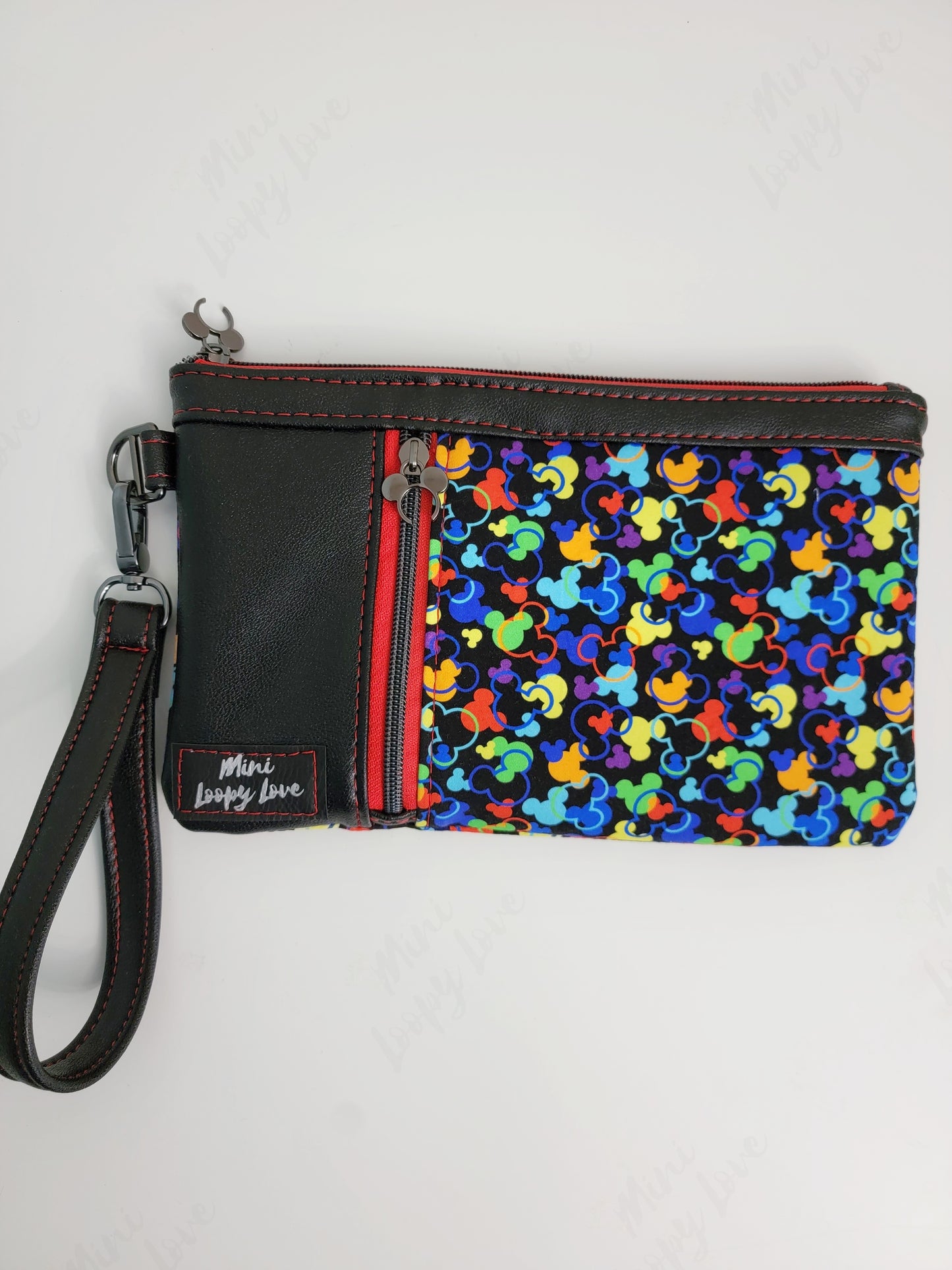 Zippy clutch- Black mouse confetti with red zipper